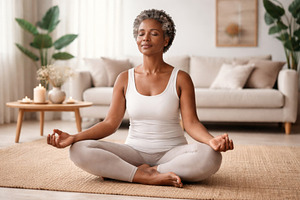Mature woman meditating on carpet in, a Photo by Dvoevnore photos