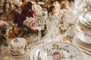 Festive table set for holiday dinner featuring fancy tableware, floral motif pl, a Food & Drink Photo by Studio ANNA