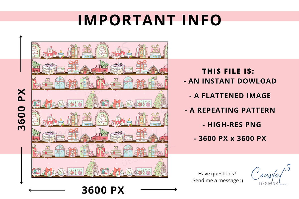 Christmas Bookish Seamless Pattern, a Pattern Graphic by Coastal 5 Designs (Photo 3 of 3)