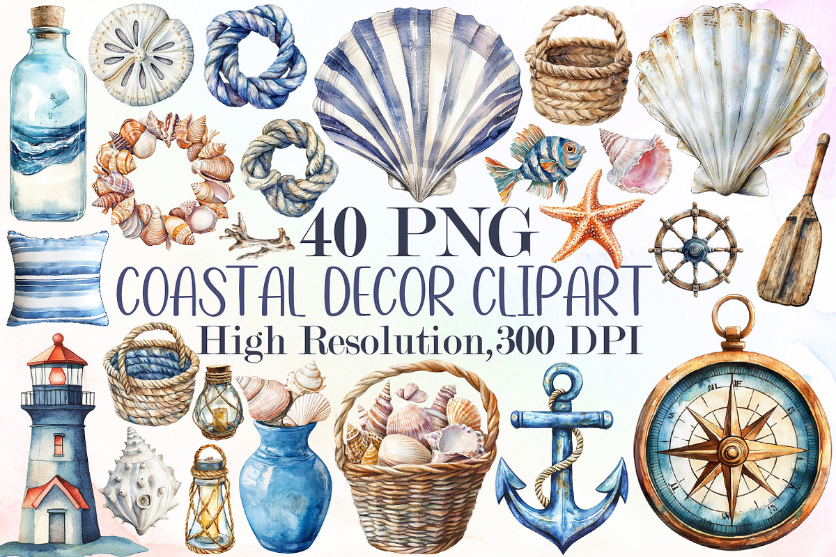 Watercolor Coastal Decor Clipart Set, an Illustration by Sublimation Artist (Photo 1 of 6)