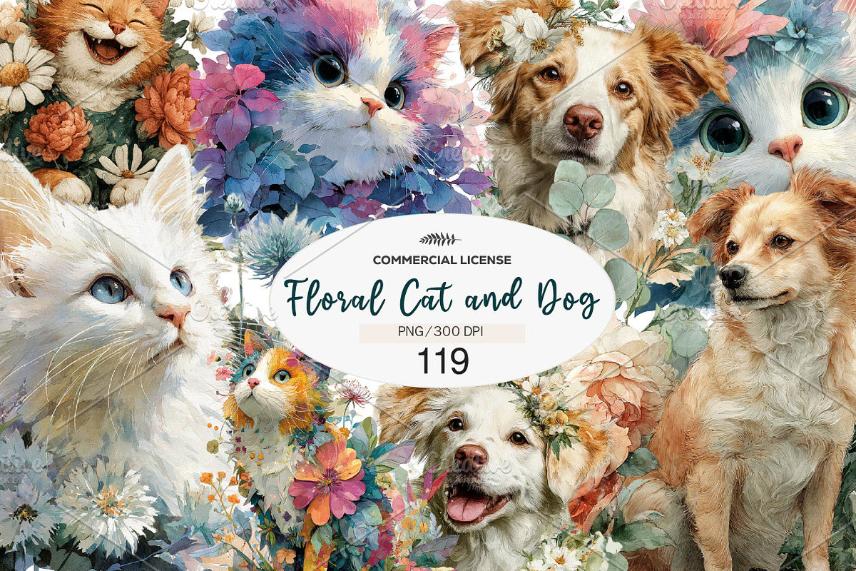 Floral Cat and Dog Clipart Bundle, a Seasonal Illustration by CreationArt (Photo 1 of 7)