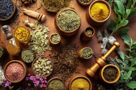 Herbs and natural medicine in wooden bowls. Generative AI, a Health & Medical Photo by AlyaAnd