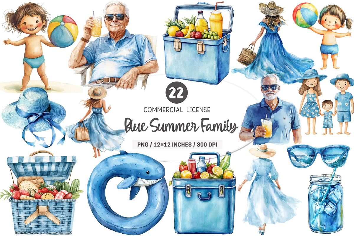 Watercolor Blue Summer Family PNG, an Illustration by SinaCreation (Photo 1 of 4)