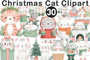 Christmas Cat Clipart, an Illustration by Black Bird Studio