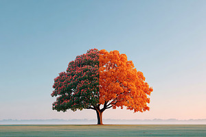 Large tree displays vibrant half-leaf colors in a serene open landscape at suns, a Photo by AlyaAnd