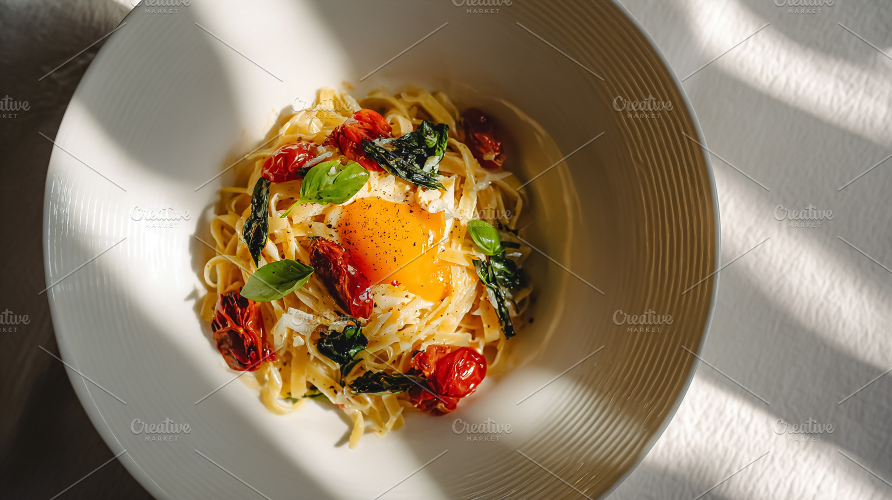 Fresh tagliatelle pasta with a rich egg yolk, sun dried tomatoes, a Photo by Studio ANNA
