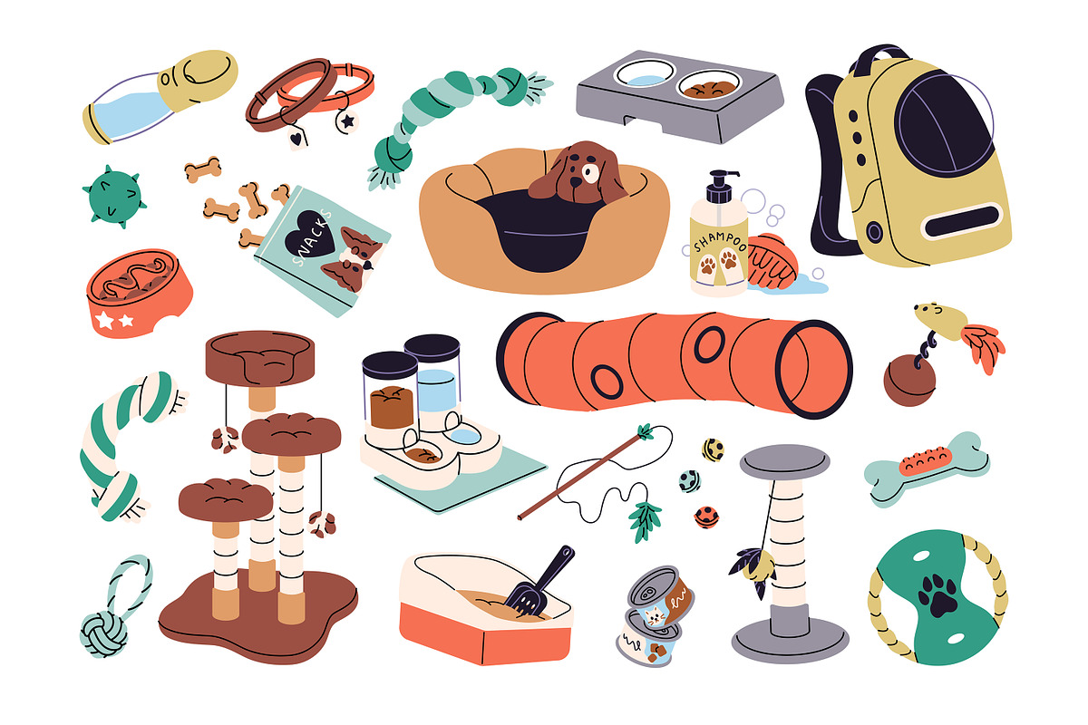 Cats & dogs items set + backgrounds, an Animal Illustration by PaperTrident (Photo 1 of 4)
