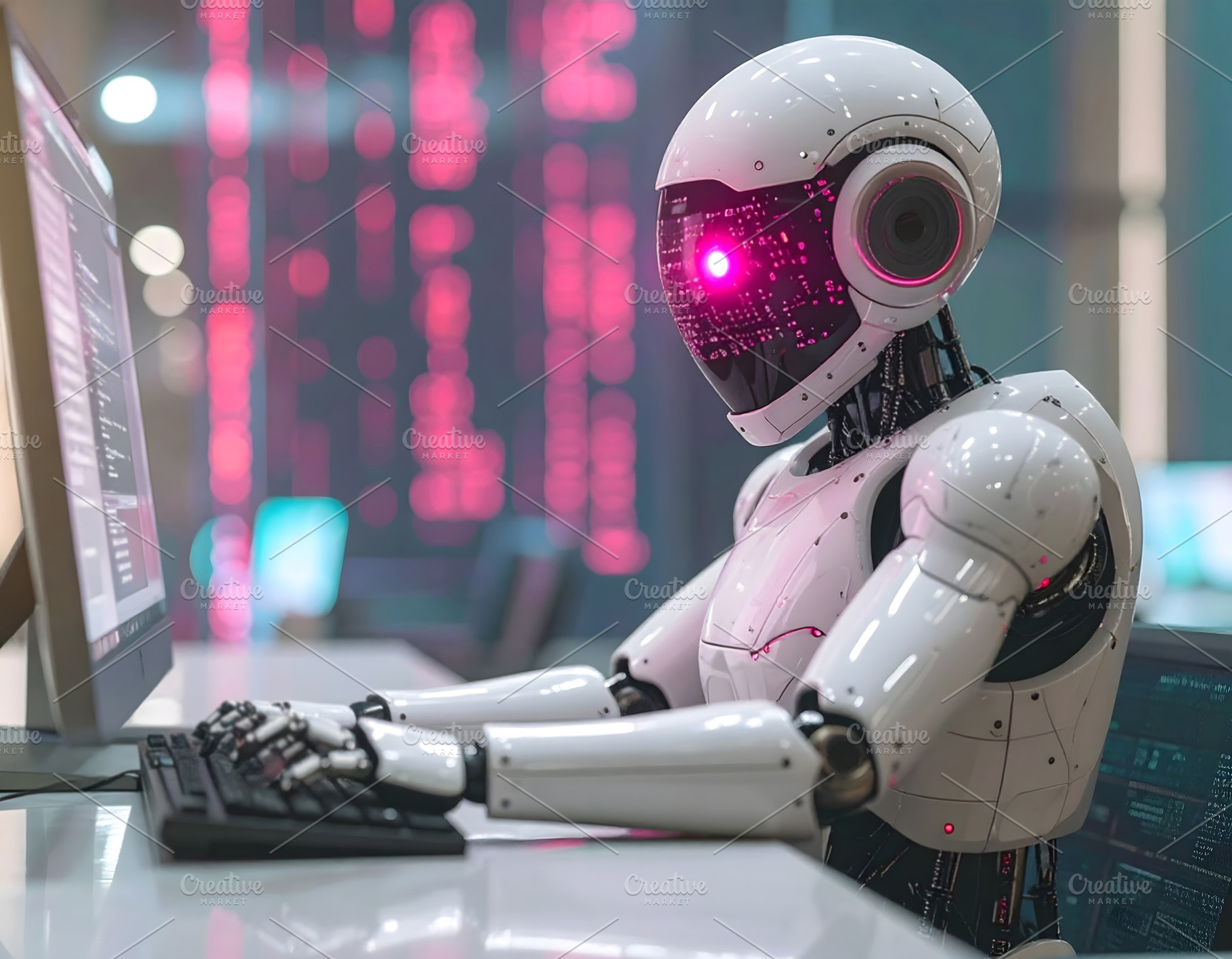 Robot typing on computer keyboard under glowing pink interface, a Technology Photo by GoodGoods