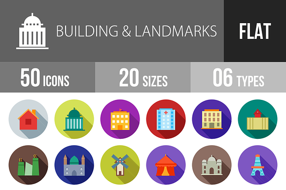 50 Buildings Flat Shadowed Icons preview 4