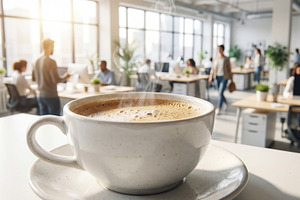 Cup of coffee in office, a Food & Drink Photo by Volff