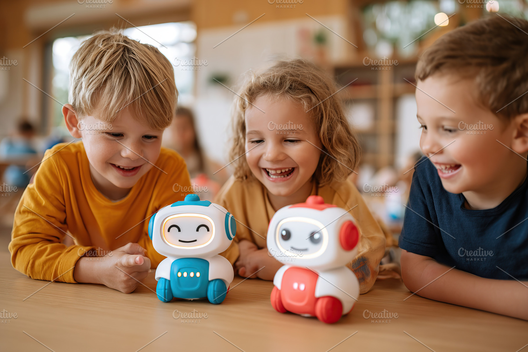 Children engaged in interactive play with friendly educational robots in a clas, a Photo by AlyaAnd
