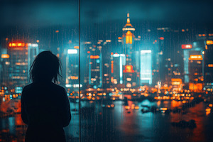 A contemplative woman gazes at a vibrant city skyline through a rain-speckled w, a Background Photo by ImageMir