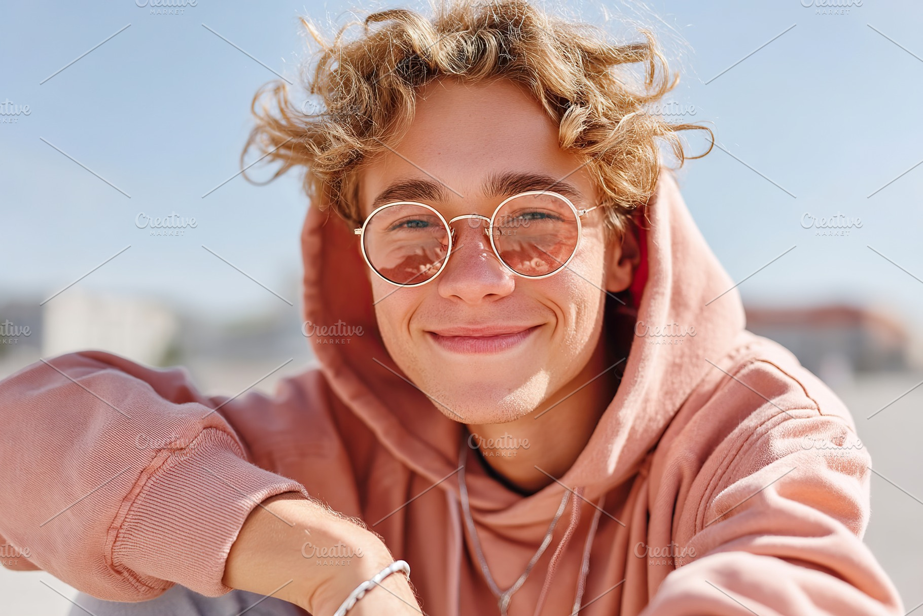 Young person with curly hair enjoying sunny day outdoors with stylish glasses a, a Person Photo by AlyaAnd