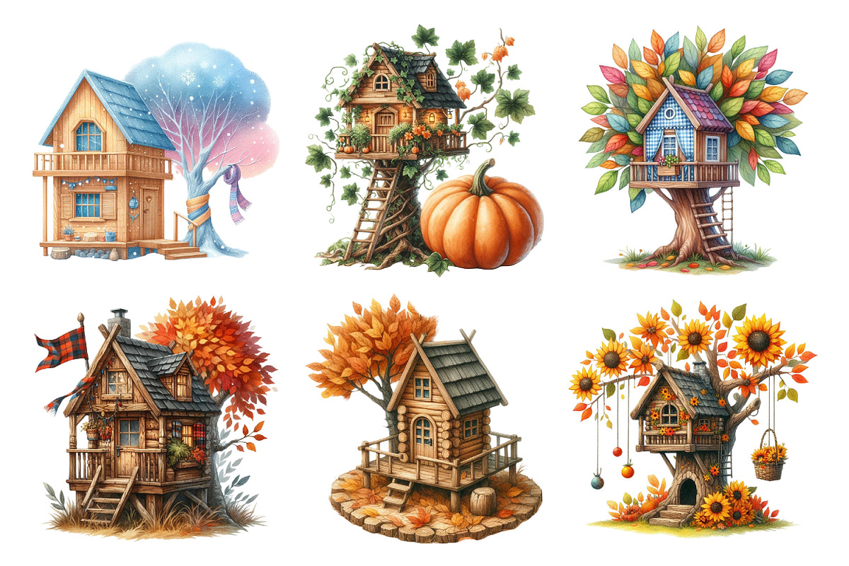 Watercolor Autumn Treehouse Clipart, an Illustration by Daily.Designs (Photo 4 of 5)