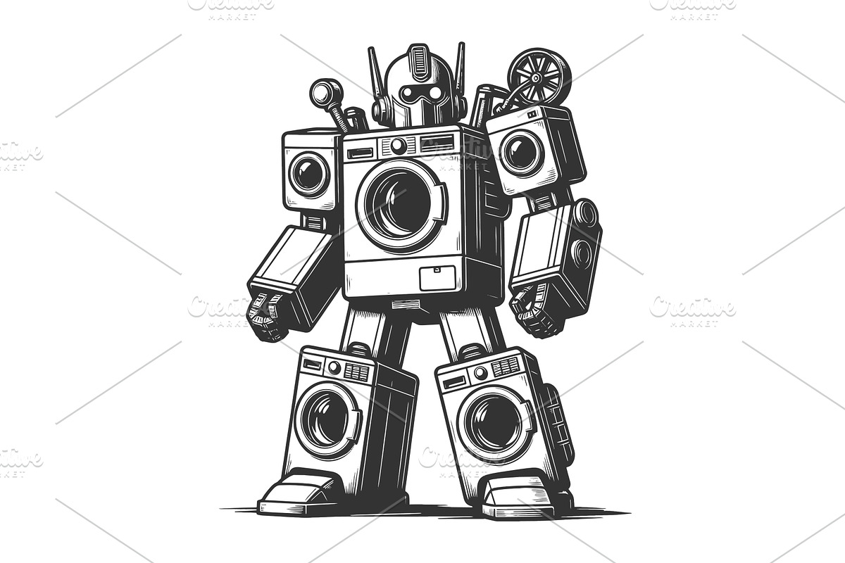 Robot Made from Washing Machines, a Technology Illustration by AlexArt