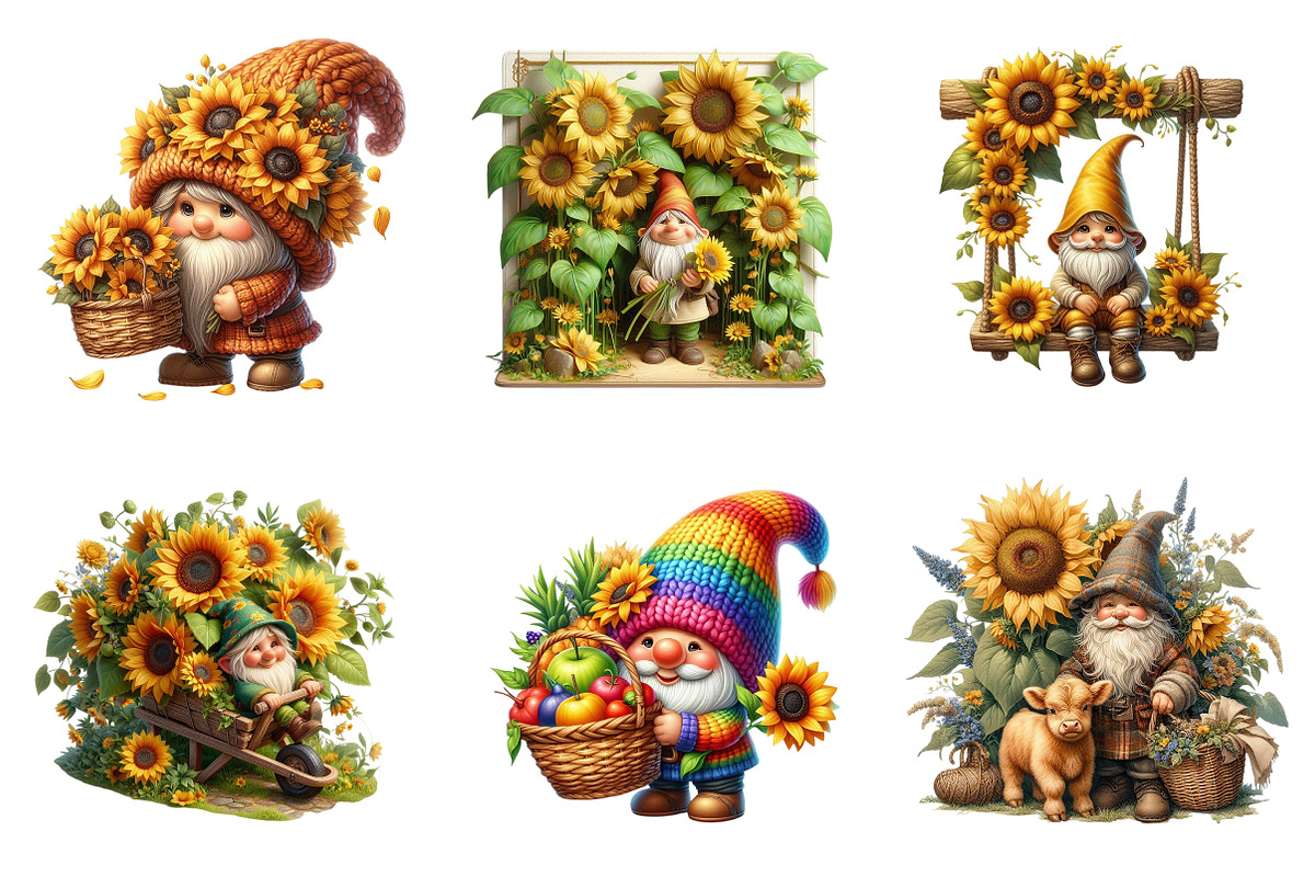 Watercolor Sunflower Gnomes Clipart, a Transportation Illustration by SinaCreation (Photo 2 of 9)