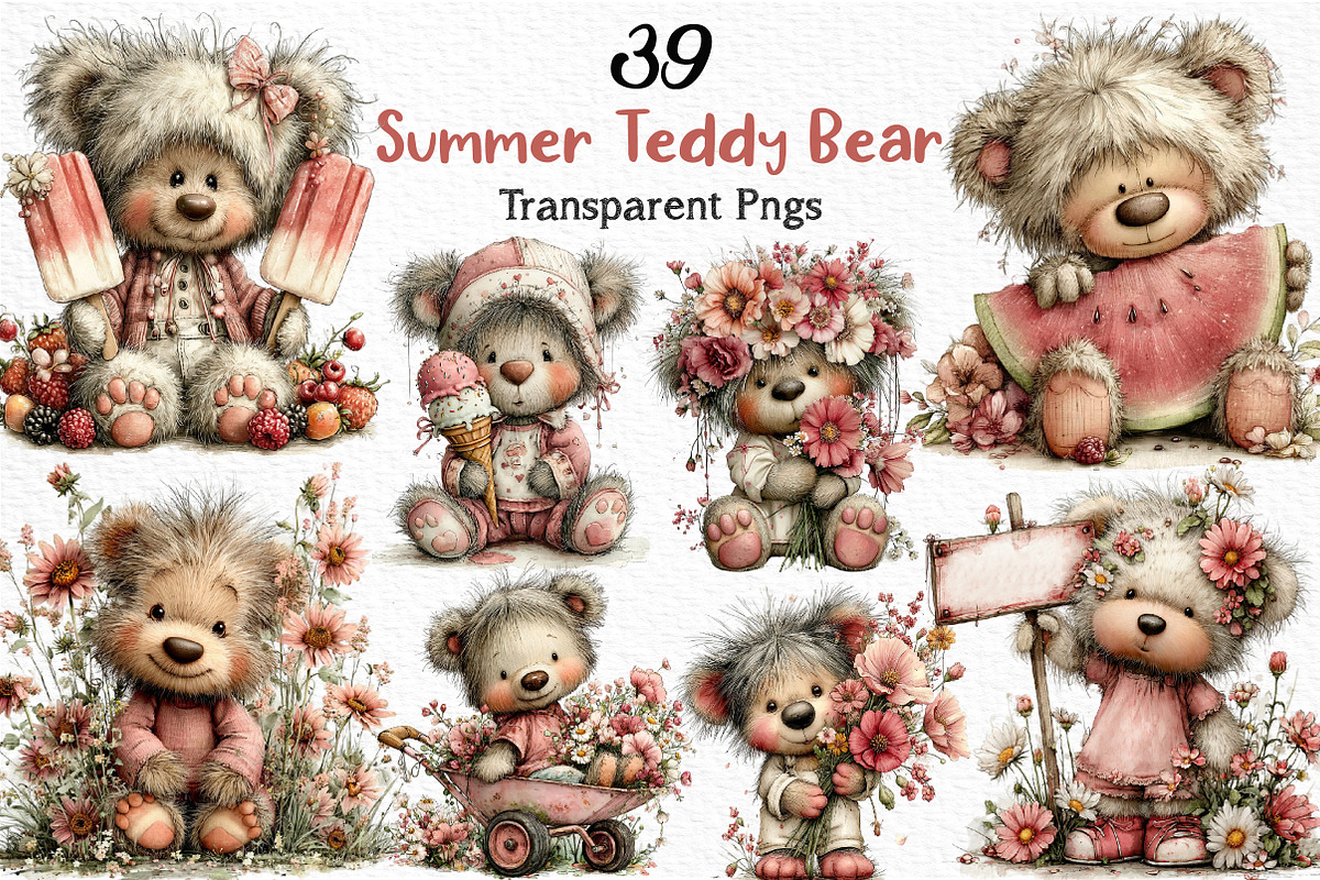 Whimsical Summer Teddy Bear Clipart, an Illustration by Craft Nest (Photo 1 of 12)