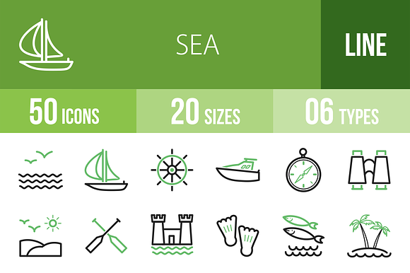 50 Sea Line Green Black Icons
