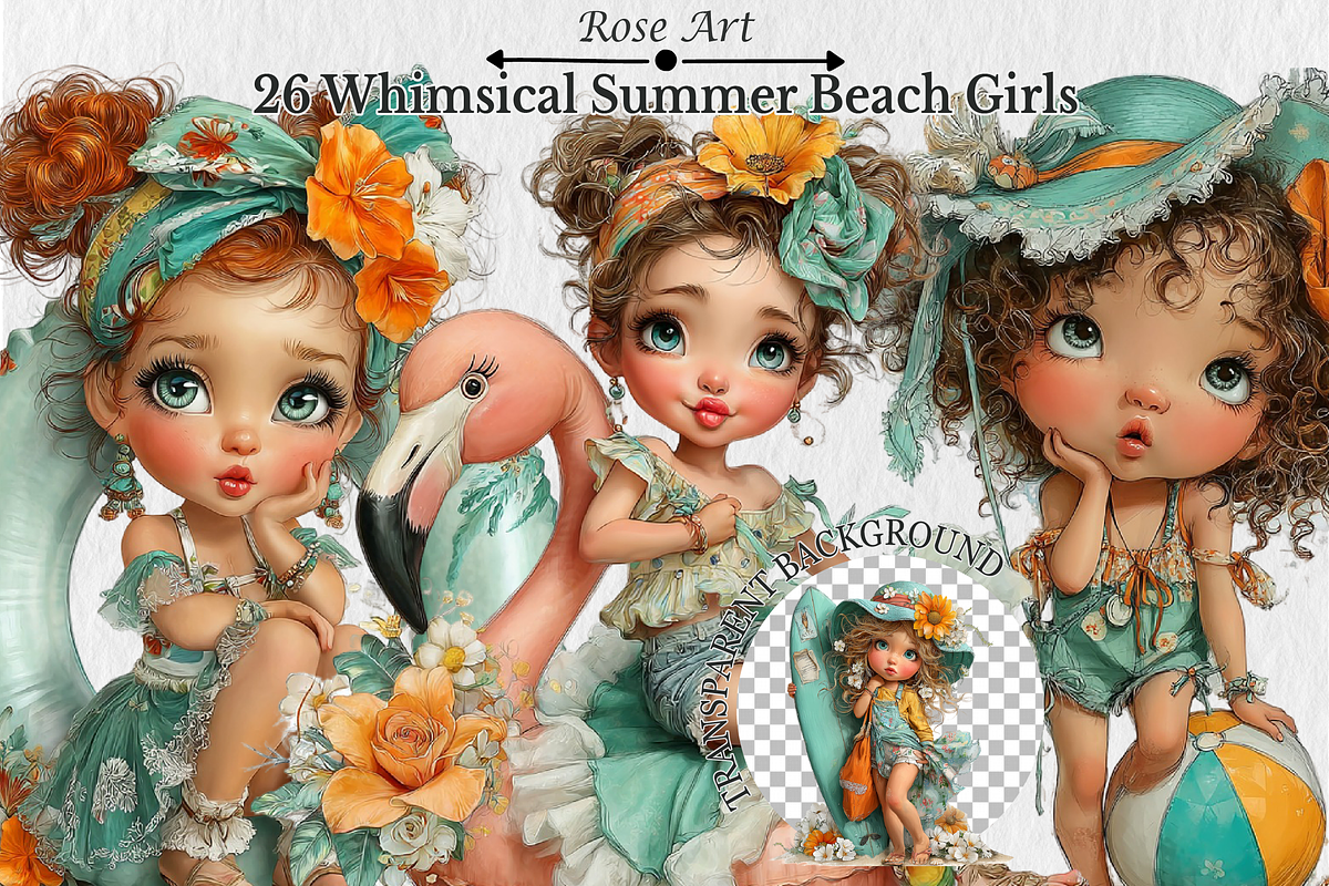 Whimsical Summer Beach Girls Clipart, a Seasonal Illustration by Rose Art (Photo 1 of 4)