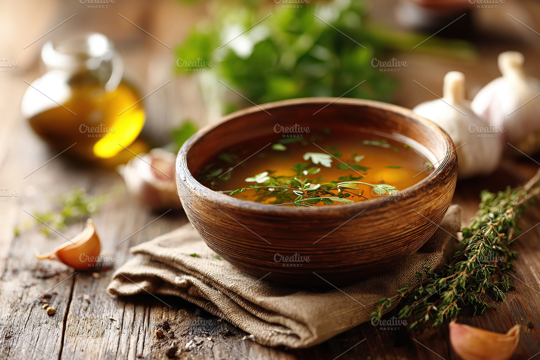 Handmade ceramic bowl filled with aromatic soup on rustic wooden table, a Food & Drink Photo by AlyaAnd