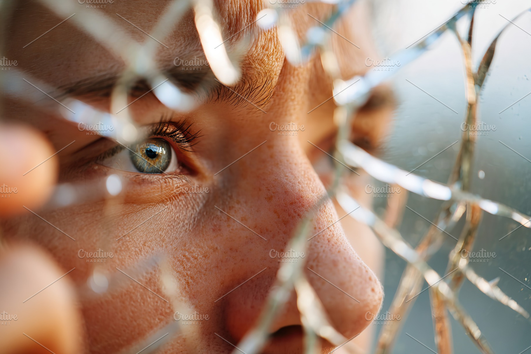 Close-up of a person peering through cracked glass in a reflective and contempl, a Photo by AlyaAnd