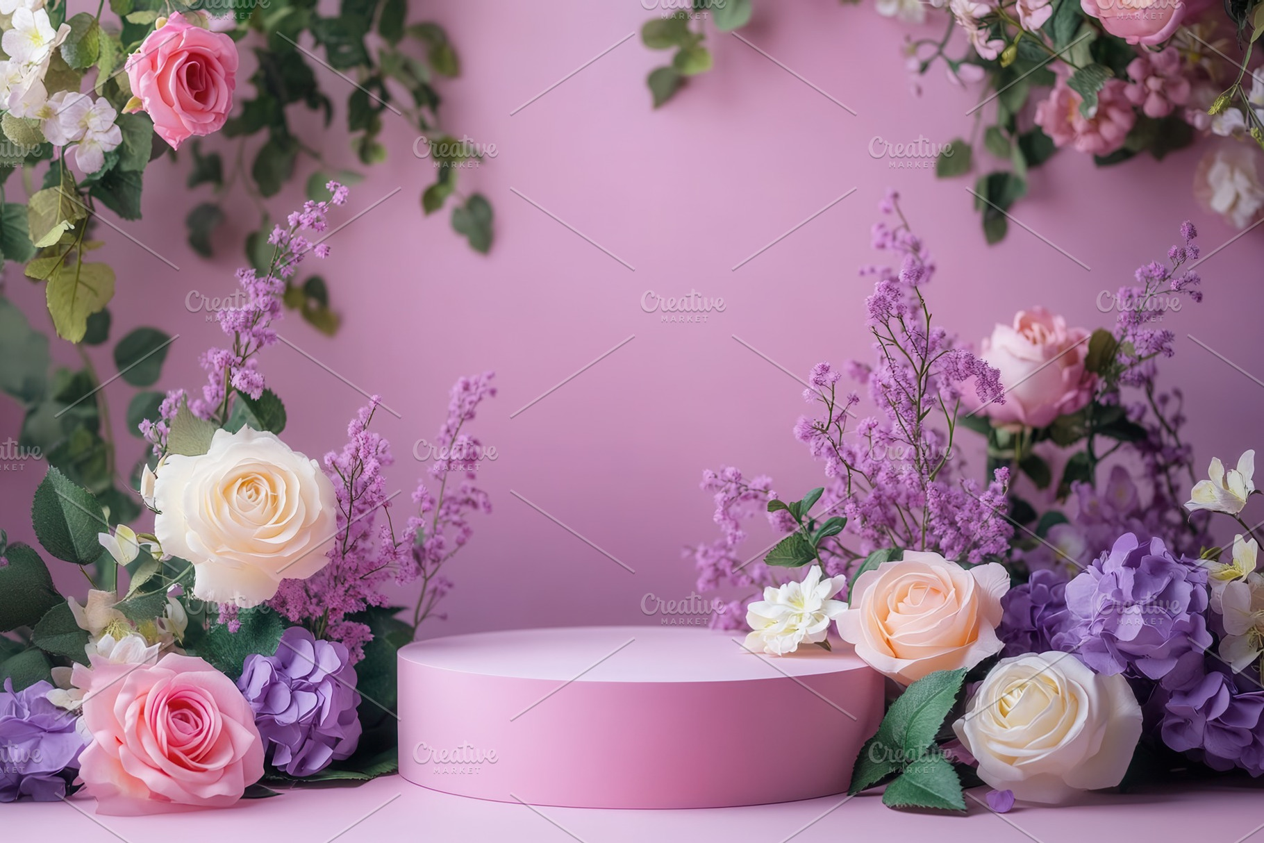 Elegant podium with a pink garden, a Photo by Pavel_design