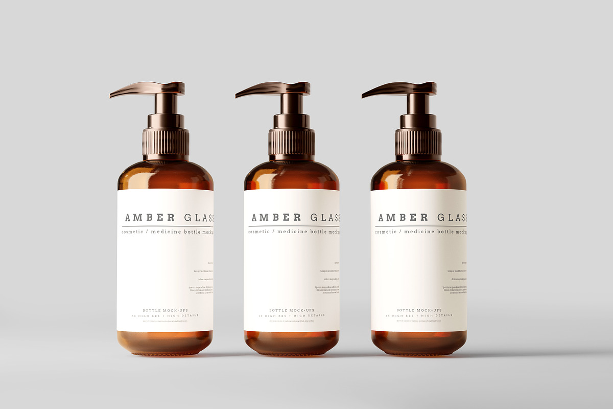 Amber Glass Pump Bottle Mockups, a Cups & Container Mockup by pmvch (Photo 4 of 10)