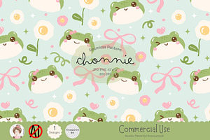 Coquette Frog & Daisy Pattern, a Pattern Graphic by Chonnieartwork
