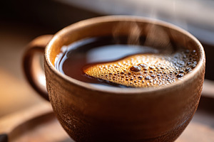Steaming cup of black coffee in ceramic mug, a Food & Drink Photo by AlyaAnd