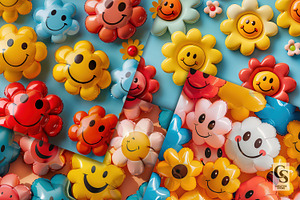 3D Smiley Flowers Seamless Patterns