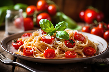 Tasty spaghetti with tomatoes and basil leafs in plate. Generative AI, a Food & Drink Photo by AlyaAnd