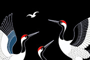 Oriental Cranes with Blue Flowers, an Animal Illustration by Sharon Schwalbe (Thumbnail 3 of 4)