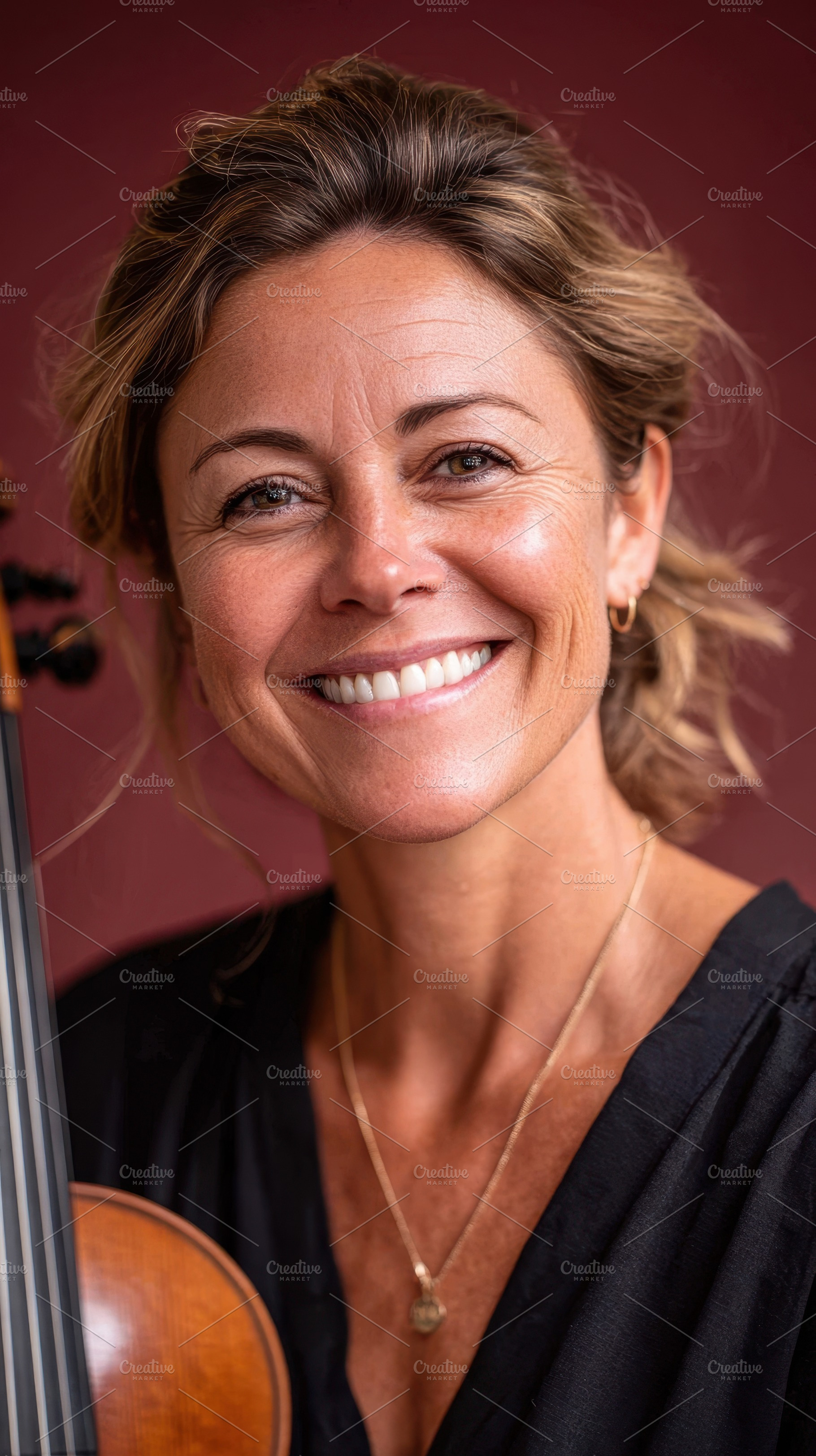 Smiling woman with guitar on red background, a Person Photo by AlyaAnd