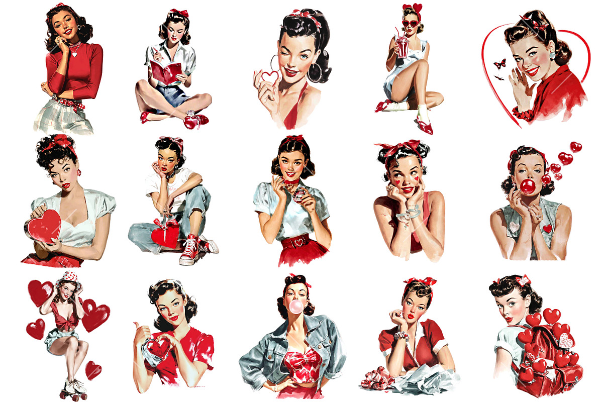 Valentine Retro Vintage Girl Clipart, an Illustration by OK Design (Photo 3 of 6)
