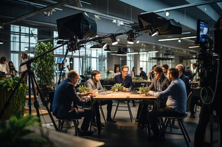 group of people brainstorming in a c, a Photo by SaroStock