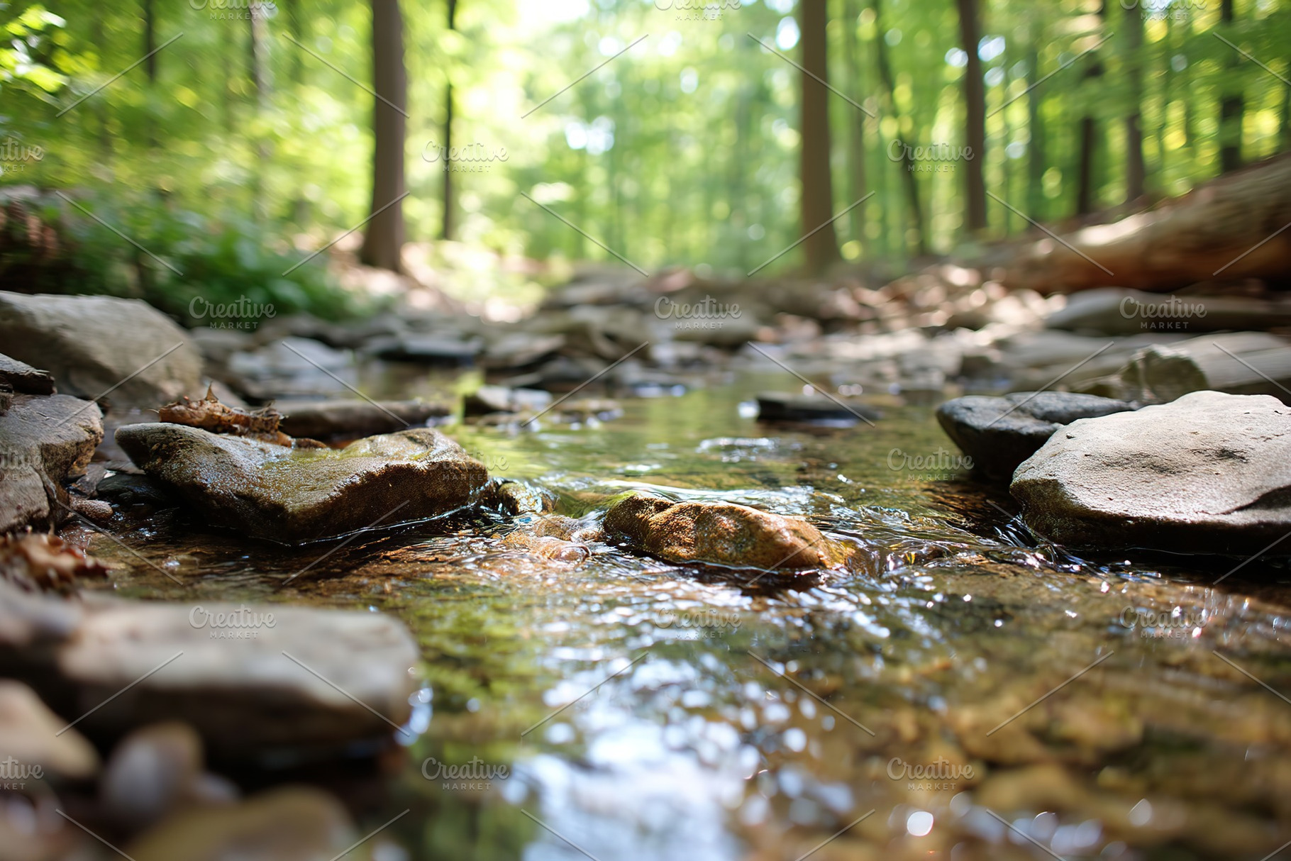 Clear forest stream flowing over smooth stones under bright sunlight in a seren, a Photo by AlyaAnd