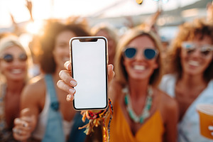 Group of friends celebrating together at sunset while showing a smartphone with, a Photo by AlyaAnd
