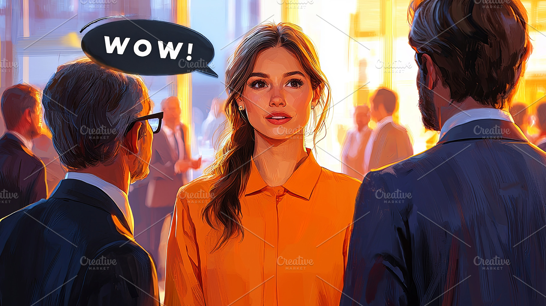 Woman in orange shirt engaging in lively conversation with colleagues, a Photo by AS photostudio