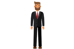 Standing Bearded Businesman In Black Suti Cartoon Flat Vector Illustration Concept On Isolated White Background