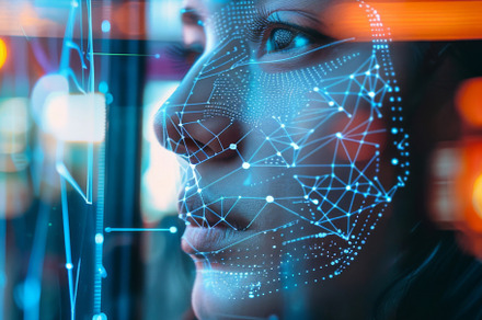 Woman face with digital grid pattern on dark blue background, au, a Photo by Dvoevnore photos