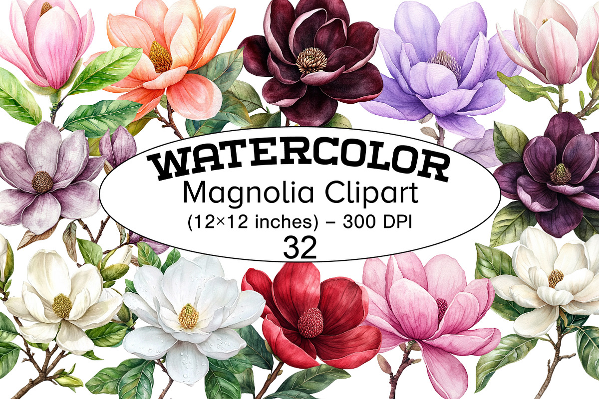 Watercolor Magnolia Clipart, a Seasonal Illustration by Design Market