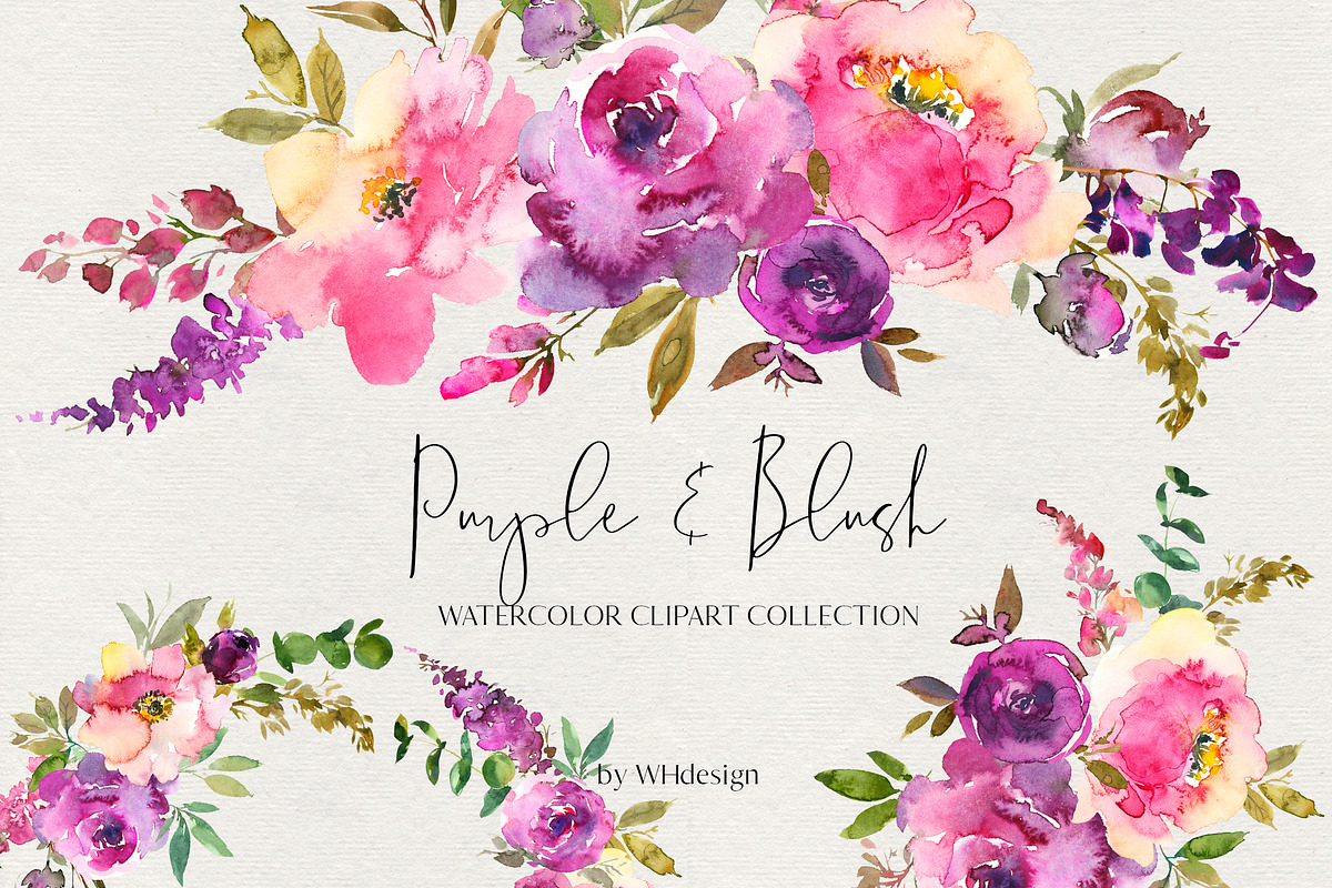 Purple Blush Watercolor Flowers PNG, an Illustration by whiteheartdesign (Photo 1 of 8)