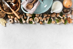 Rustic Cooking Ingredients with Mushrooms and Kitchenware, a Food & Drink Photo by Natalia Klenova's Shop