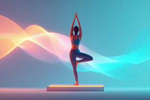 Yoga silhouette with colorful light waves, an Abstract Photo by AlyaAnd