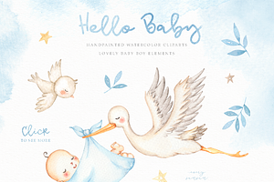 Hello Baby Blue Watercolor Clip Arts