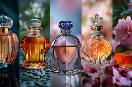 Elegant collection of perfume bottles with floral backgrounds, a Photo by AS photostudio