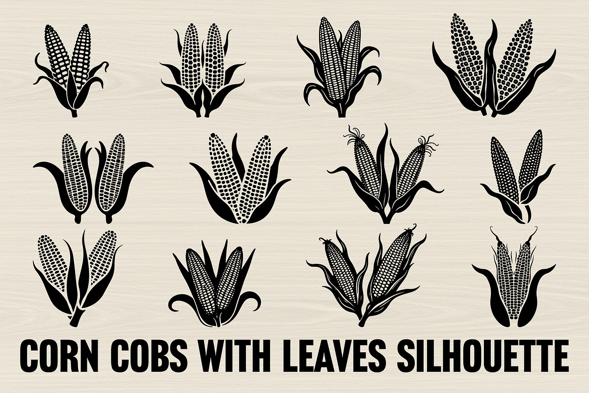 CORN COBS WITH LEAVES SILHOUETTE, an Illustration by Designs_River