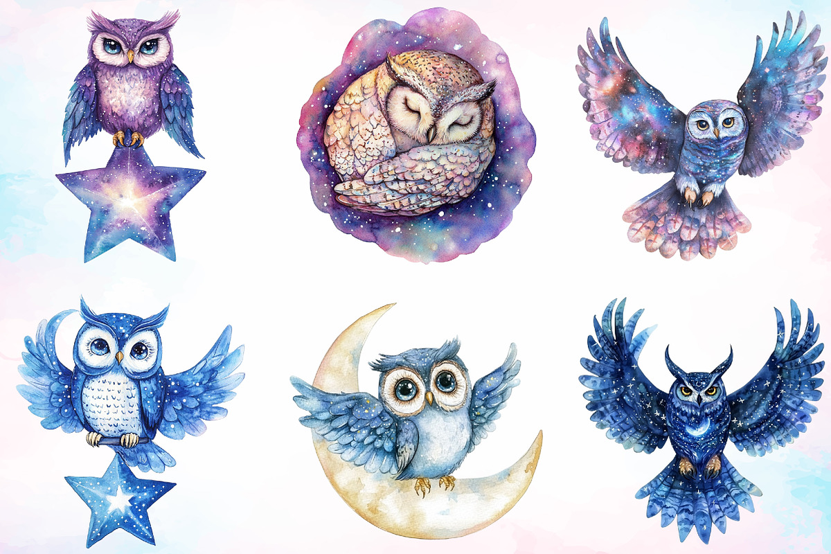 Watercolor Cute Celestial Owl Clipar, an Illustration by Canvas Craft (Photo 3 of 3)