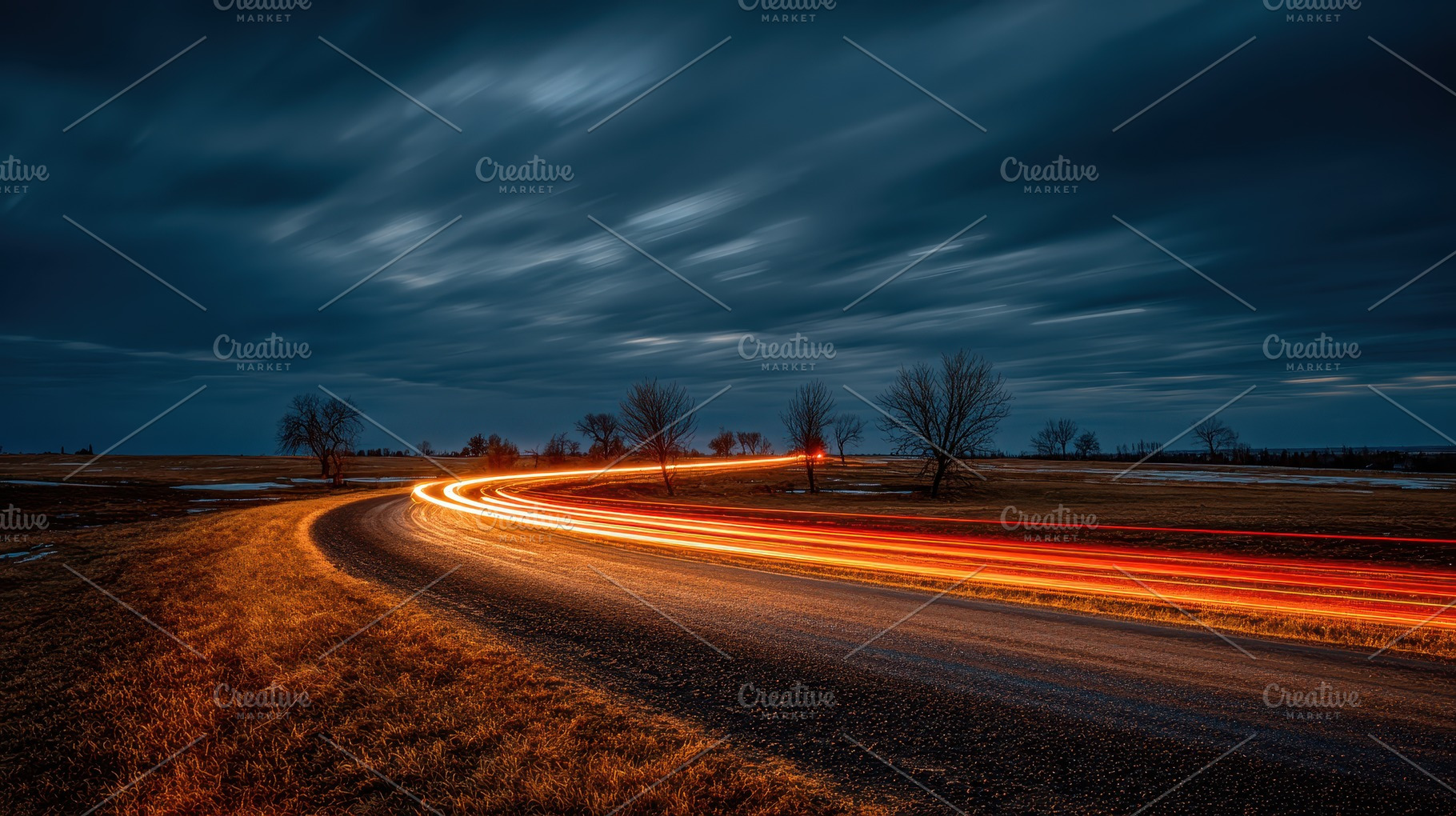 Night road curving light trails unde, a Photo by Pixeness Studio