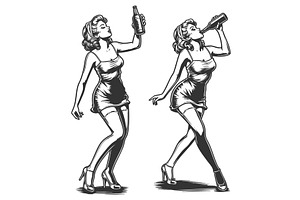 Retro Pin-Up Girl Drinking from, a Person Illustration by AlexArt